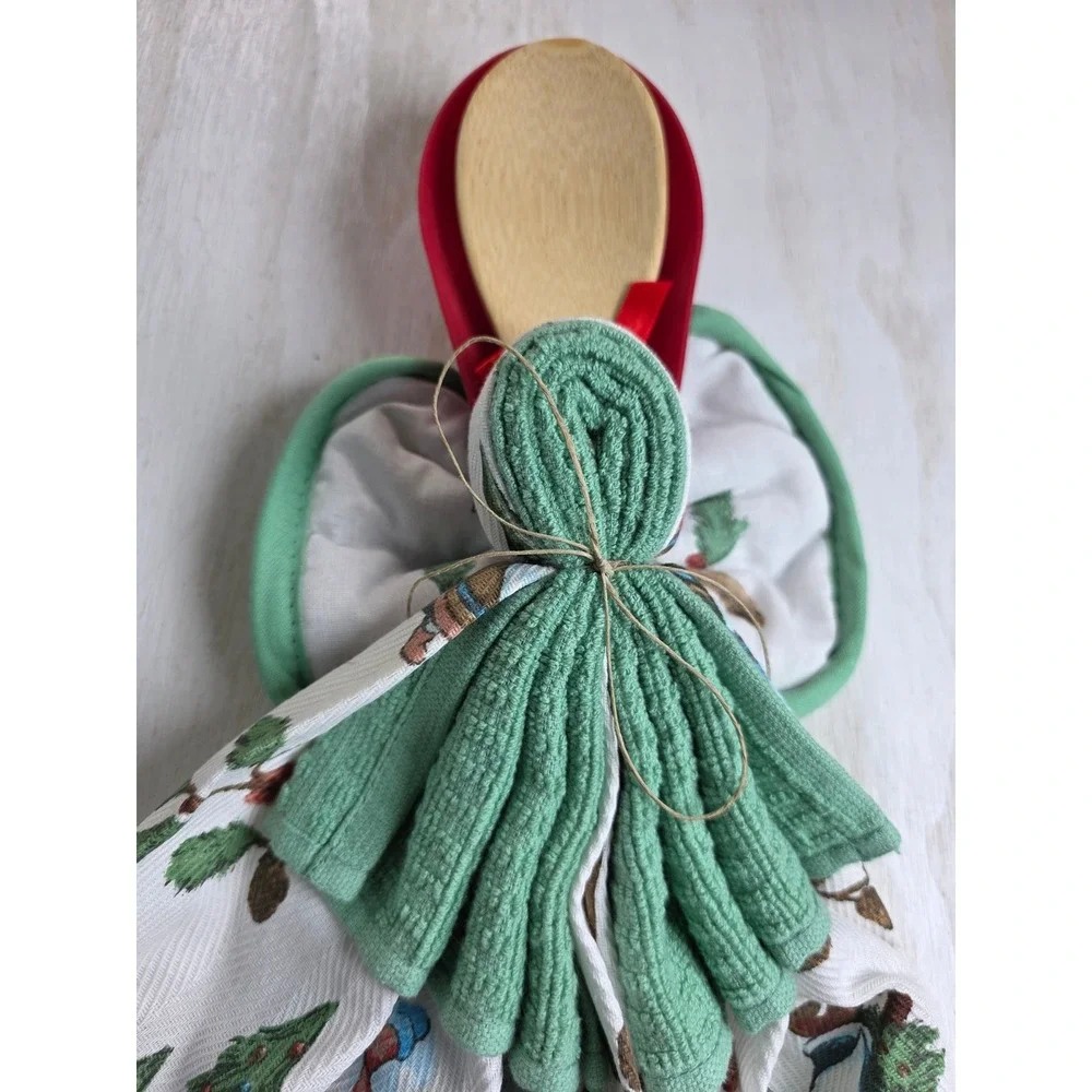 Christmas Kitchen Angel Gnome Tea Towel Pot Holder Spatula Wooden Spoon Gift Set